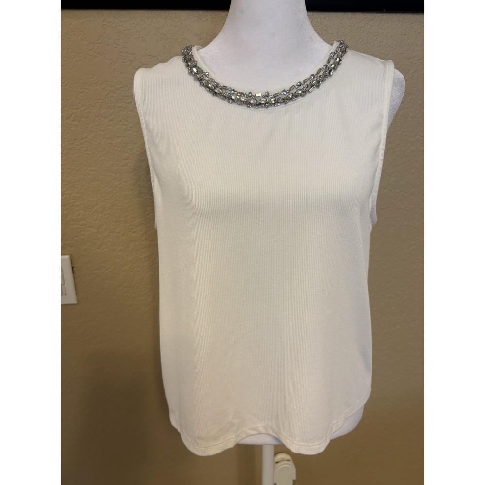 Joie White Ribbed Tank With Rhinestone Embellished Neck, XL, Bling